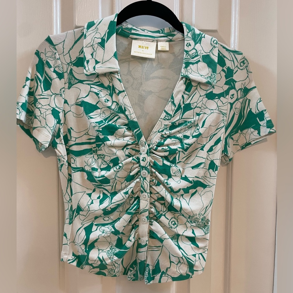 Maeve Green Floral Ruched Button-Front Top